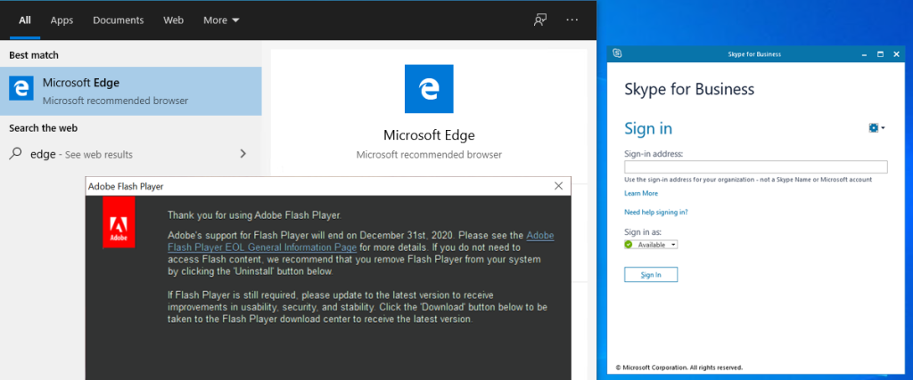 Upcoming retirement for Adobe Flash, Microsoft Edge (legacy) and Skype for Business