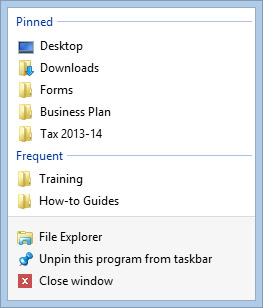 Screenshot of pinning folders to Taskbar