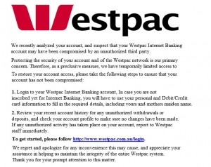 How to avoid being "phished" - Email from Westpac