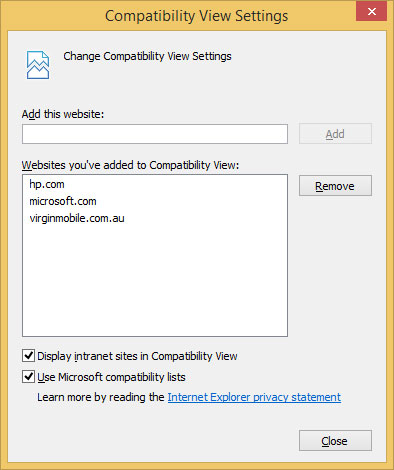 Screenshot of Compatibility View Settings in Internet Explorer 11