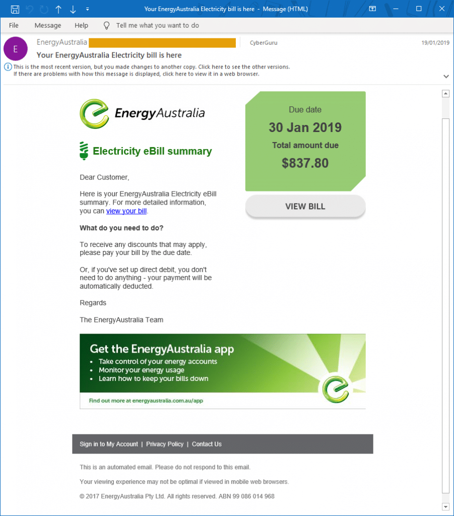 Business email compromise - Example of fake Energy Australia invoice