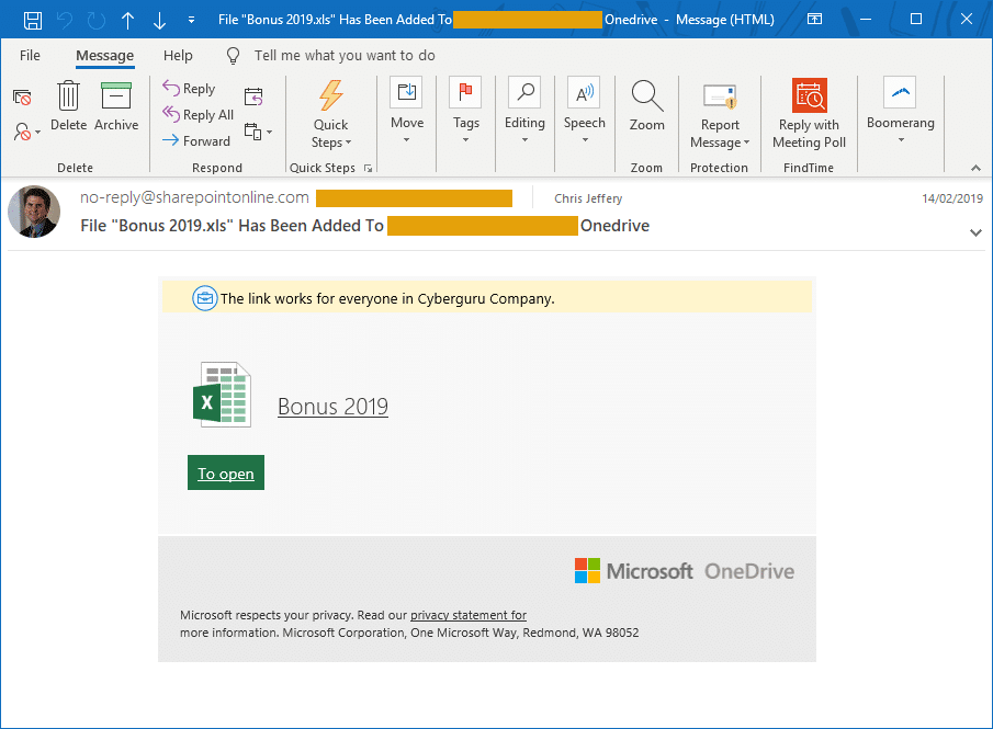 Business email compromise - Example of fake Microsoft Office 365 email