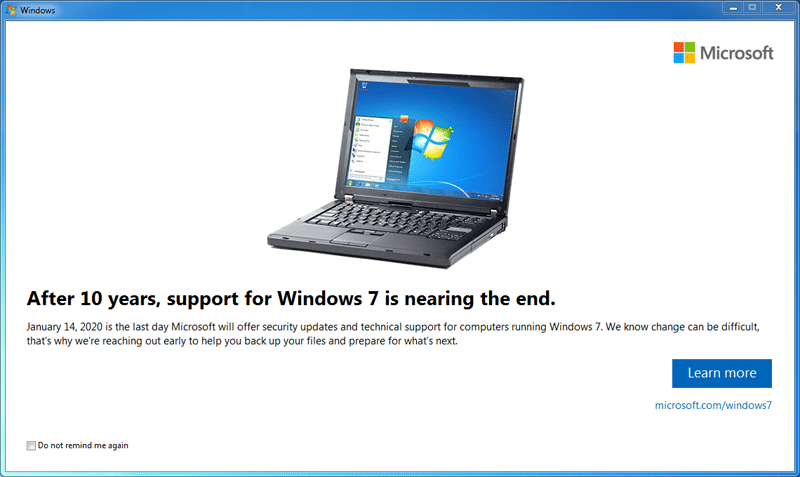 Windows 7 End of Life notification