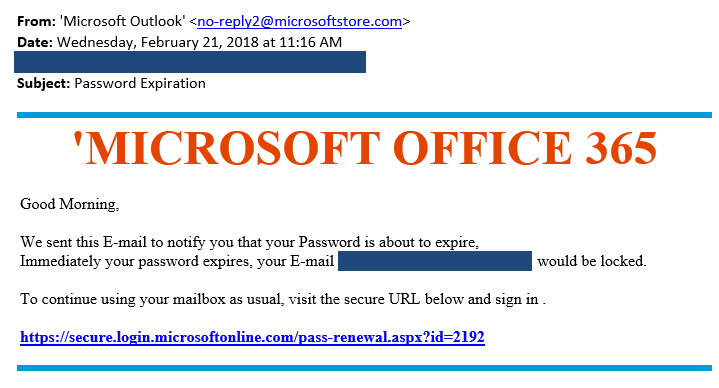 Example of fake Microsoft Office 365 Email