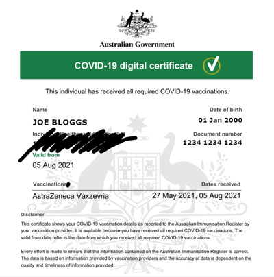 Sample COVID-19 Digital Certificate