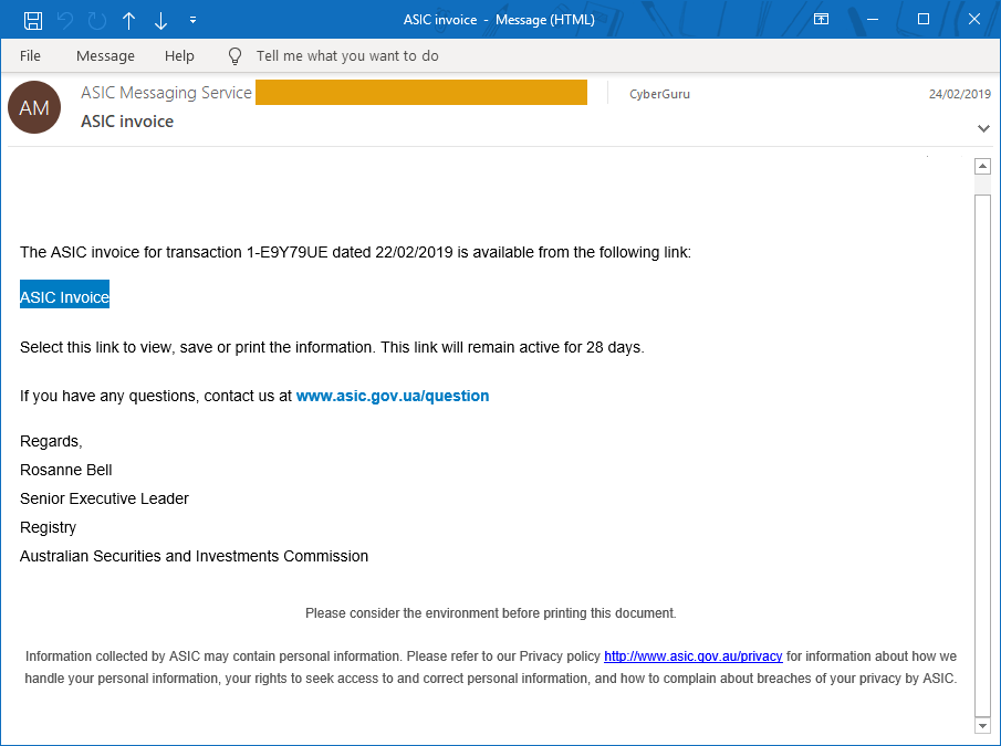 Business email compromise - Example of fake ASIC invoice